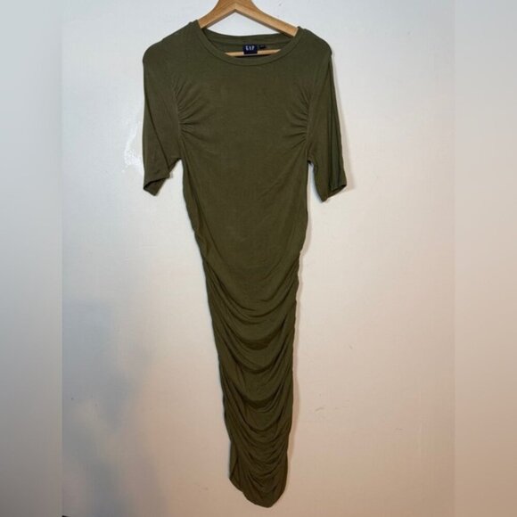 GAP Olive Green Ruched Midi T-Shirt Dress – Size S - Picture 2 of 5